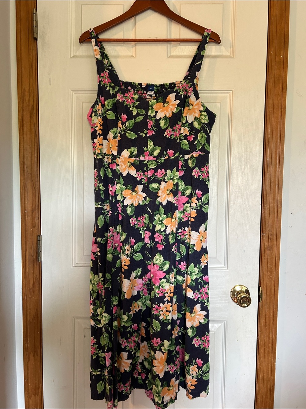 Old Navy Navy Floral Midi Dress with Pink & Yellow Flowers